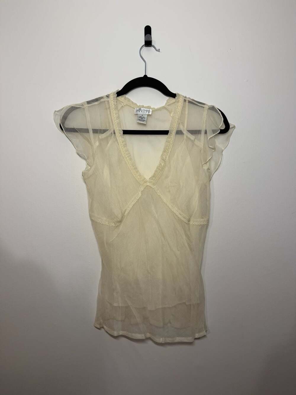 Allison Taylor Vintage Silk Sheer Ruffle V-Neck Blouse Top
